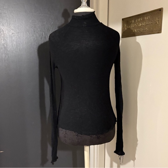 💜 Free Peoplee Intimately Semi Sheer Knit Black Turtleneck Top with Raw Hem - Picture 3 of 5
